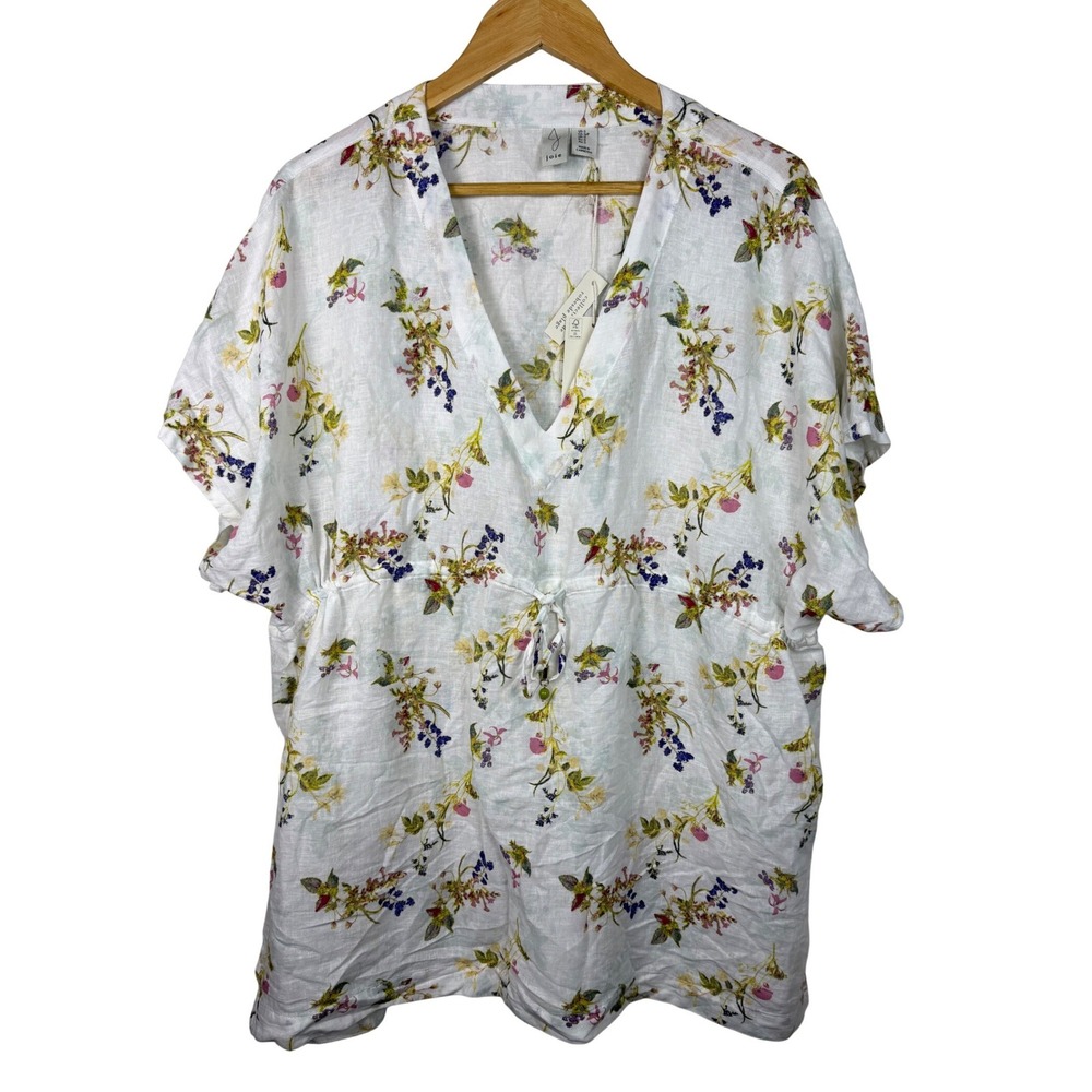Joie Coverup Collection Tunic Women S‎ White Floral Linen Blend Drawstring NWT